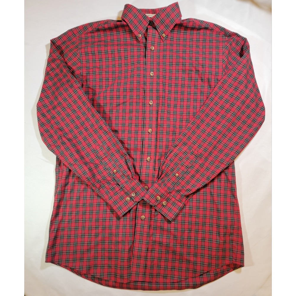 LL Bean Shirt Mens M TALL Red Green Plaid Button Up Autumn Wrinkle Resistant